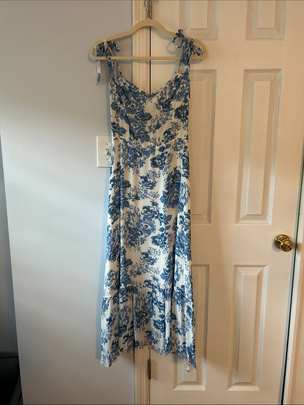 Reformation Blue and Cream Floral Tie-Shoulder Maxi Dress